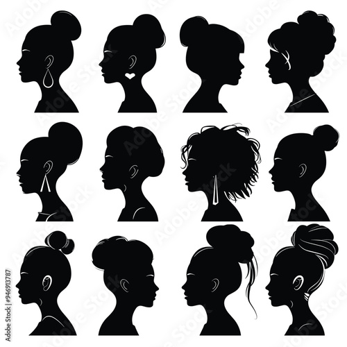 Silhouettes of diverse women with various hairstyles in profile view.