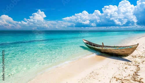 View of nice tropical beach white sand with old boat