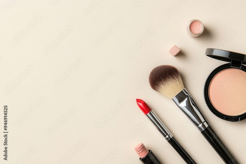 A clean arrangement of essential cosmetic items features lipstick, makeup brushes, and powder, creating an aesthetically pleasing look. Generative AI A clean arrangement of essential cosmetic items features lipstick, makeup brushes, and powder, creating an aesthetically pleasing look. Generative AI