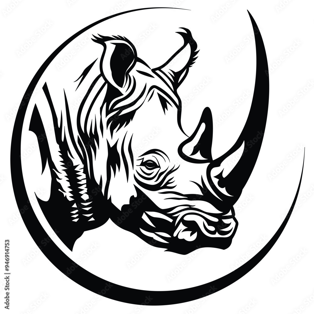 Black and white illustration of a rhino face in a circular design.