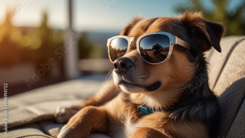 Close-up of a dog wearing stylish sunglasses, lying comfortably and enjoying the sunny day. 