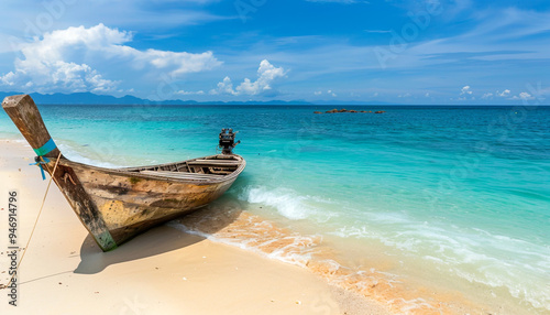 View of nice tropical beach white sand with old boat