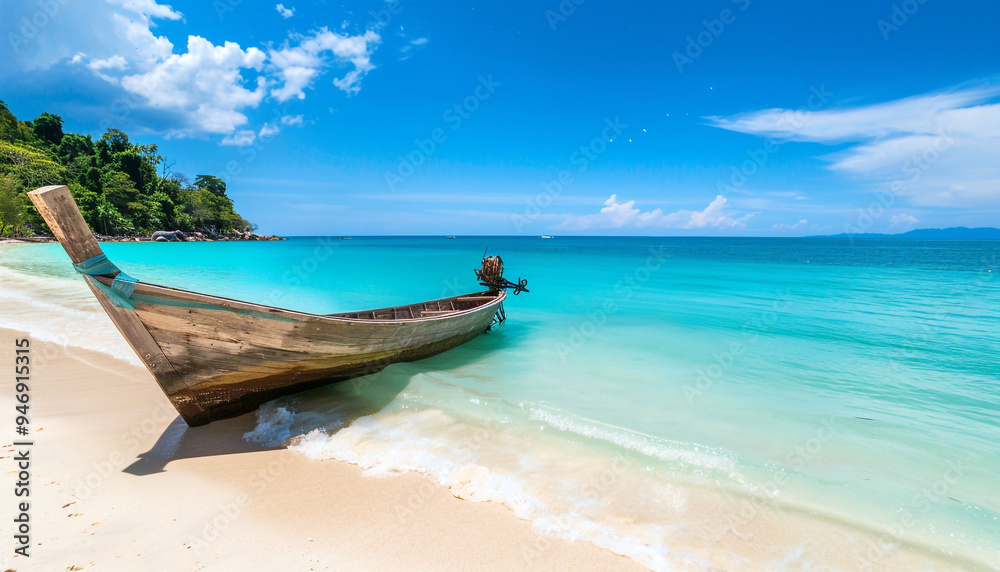 View of nice tropical beach white sand with old boat View of nice tropical beach white sand with old boat
