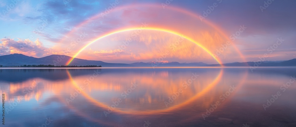 Rainbow Reflected in Still Lake Water at Sunset Rainbow Reflected in Still Lake Water at Sunset