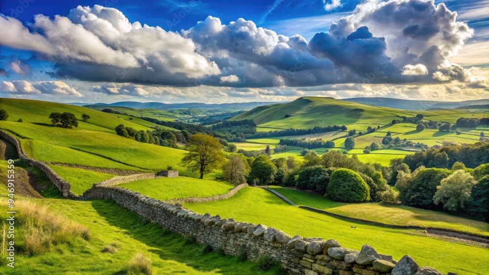 Fototapeta premium Idyllic rolling hills and ancient stone walls stretch towards the horizon, surrounded by lush green countryside, under a bright blue sky with puffy white clouds.