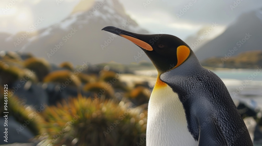Fototapeta premium Penguin in foreground with natural landscape generative ai