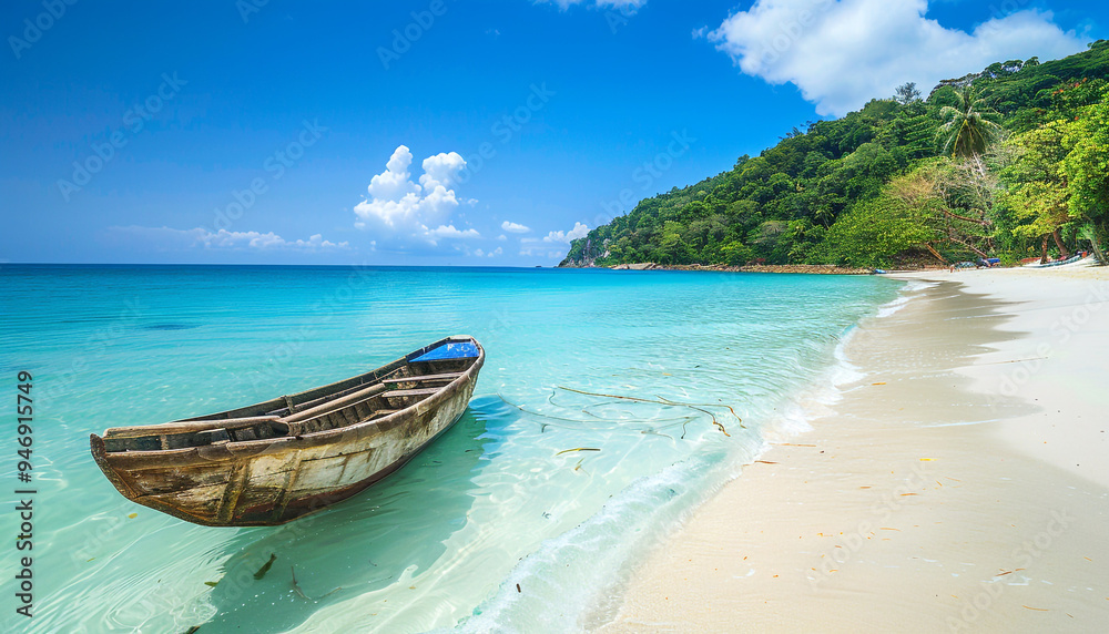 View of nice tropical beach white sand with old boat View of nice tropical beach white sand with old boat