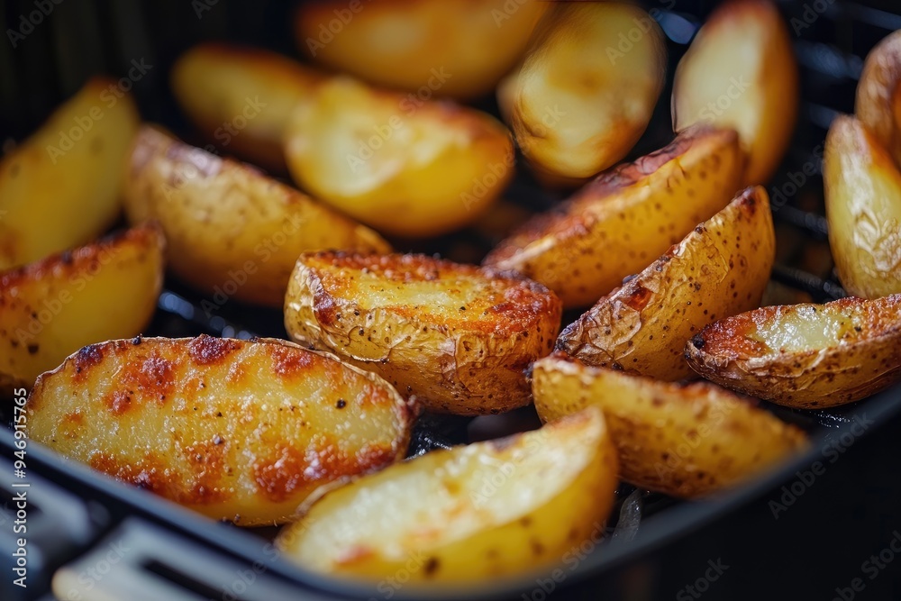 Crispy potato wedges in an air fryer. Perfect for a quick and easy side dish or snack. Crispy potato wedges in an air fryer. Perfect for a quick and easy side dish or snack.