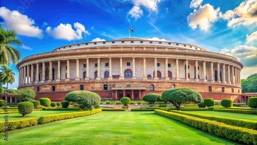 Imposing circular dome of the Indian Parliament building stands majestically against a bright blue sky with lush green lawns in the foreground.