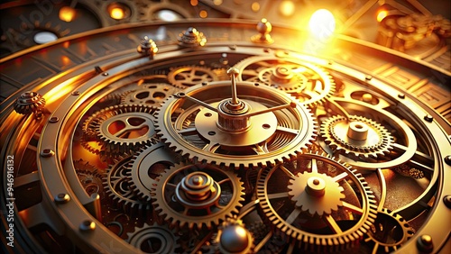 Wallpaper Mural Inside a clock, intricate mechanical gears and springs rotate in harmony, illuminated by warm golden light, showcasing the precision and beauty of timekeeping mechanics. Torontodigital.ca