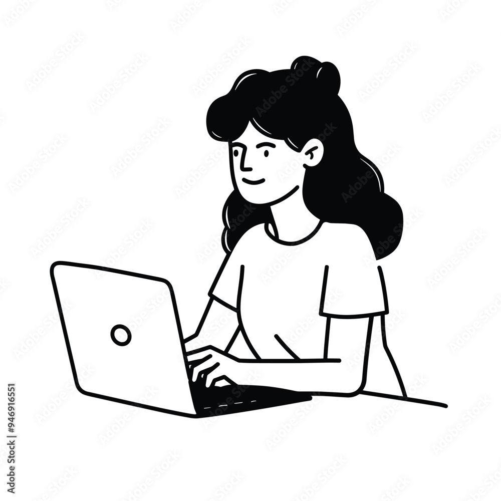 A young woman with long hair works on her laptop, smiling softly in a simple black and white illustration. A young woman with long hair works on her laptop, smiling softly in a simple black and white illustration.