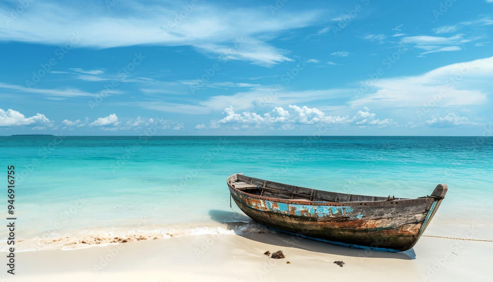 View of nice tropical beach white sand with old boat View of nice tropical beach white sand with old boat