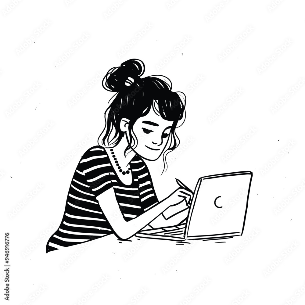 Illustration of a young woman working on a laptop with a focused expression. Illustration of a young woman working on a laptop with a focused expression.
