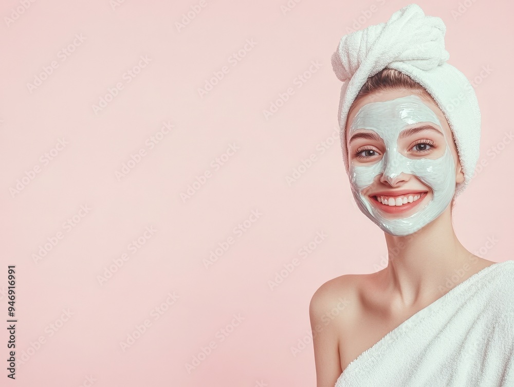 beauty photo of a young girl smiling wearing a cosmetic face mask on her face and a towel on her head portrait photo on a light pink background studio soft light style beauty photo beauty photo of a young girl smiling wearing a cosmetic face mask on her face and a towel on her head portrait photo on a light pink background studio soft light style beauty photo