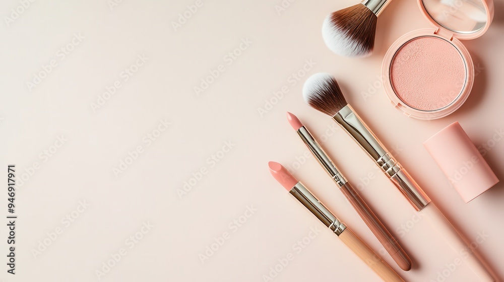 Cosmetic products are artfully arranged on a light surface, showcasing lipstick, brushes, and powder for a tidy beauty setup. Generative AI Cosmetic products are artfully arranged on a light surface, showcasing lipstick, brushes, and powder for a tidy beauty setup. Generative AI