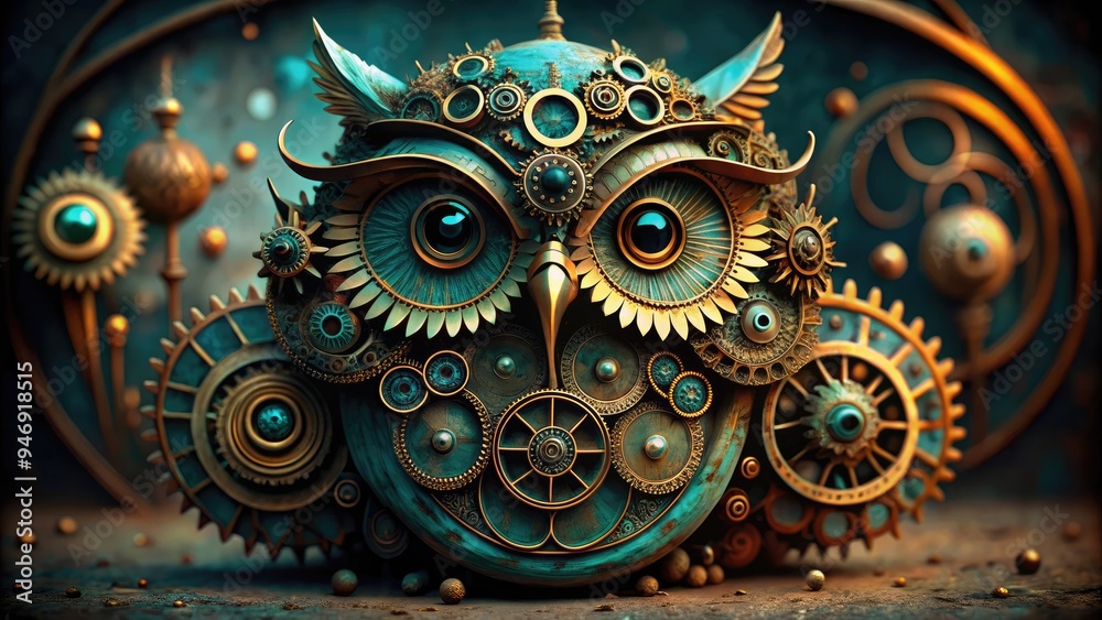 Intricately crafted mechanical owl with exposed gears, cogs, and brass accents, adorned with subtle verdigris patina, evoking a sense of industrial-era mysticism and wonder. Intricately crafted mechanical owl with exposed gears, cogs, and brass accents, adorned with subtle verdigris patina, evoking a sense of industrial-era mysticism and wonder.