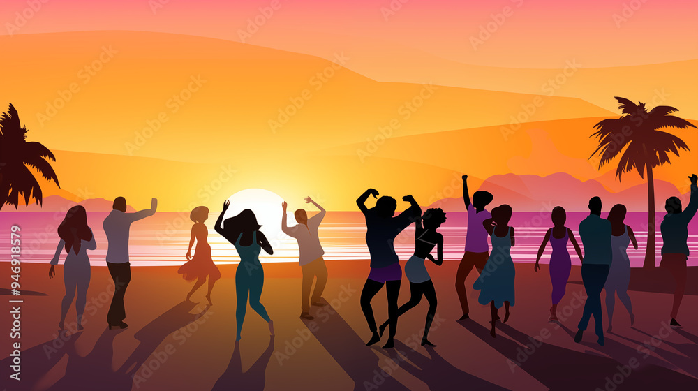 Fototapeta premium Vibrant Beach Party Silhouettes Against Pink and Orange Sunset