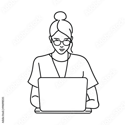 A line drawing of a woman with glasses and a bun working on a laptop.