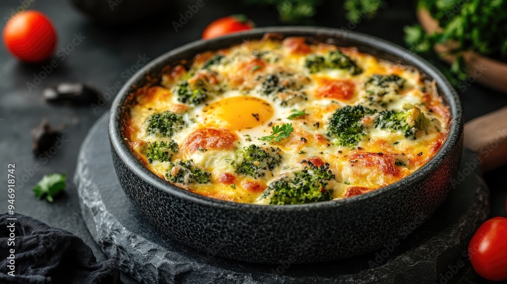 Broccoli and egg casserole in pan. This photo showcases a healthy and delicious breakfast or brunch dish. Broccoli and egg casserole in pan. This photo showcases a healthy and delicious breakfast or brunch dish.
