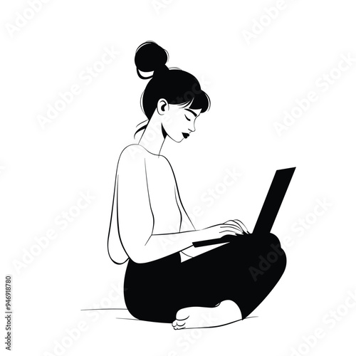 Young woman working on a laptop in a minimalist black and white illustration.