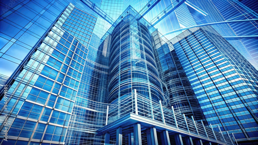 Intricately detailed architectural blueprint with vibrant blue lines and grids, showcasing the structural framework of a modern high-rise building with curved lines and geometric shapes. Intricately detailed architectural blueprint with vibrant blue lines and grids, showcasing the structural framework of a modern high-rise building with curved lines and geometric shapes.
