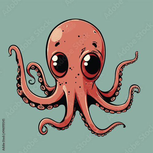 Cute cartoon octopus with big eyes and detailed tentacles on a light green background