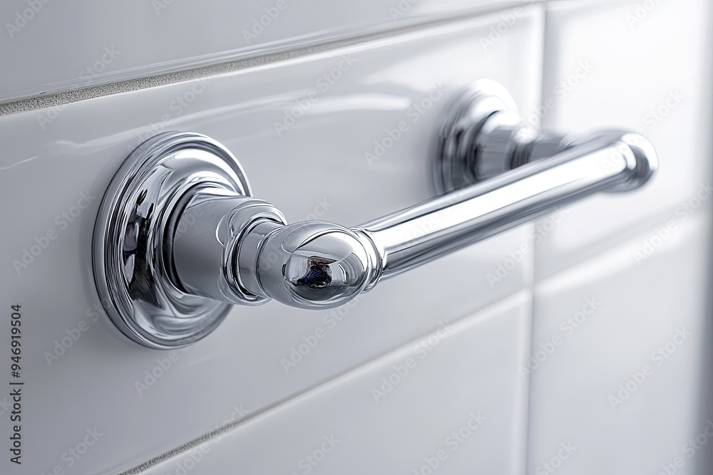Chrome toilet paper holder on white tile. Perfect for showcasing bathroom design, renovation, or decor. Chrome toilet paper holder on white tile. Perfect for showcasing bathroom design, renovation, or decor.