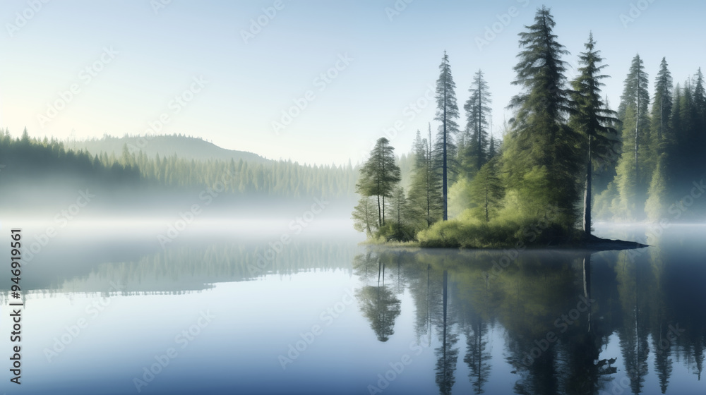 Foggy Forest Island Surrounded by Still Waters and Evergreen Trees Foggy Forest Island Surrounded by Still Waters and Evergreen Trees