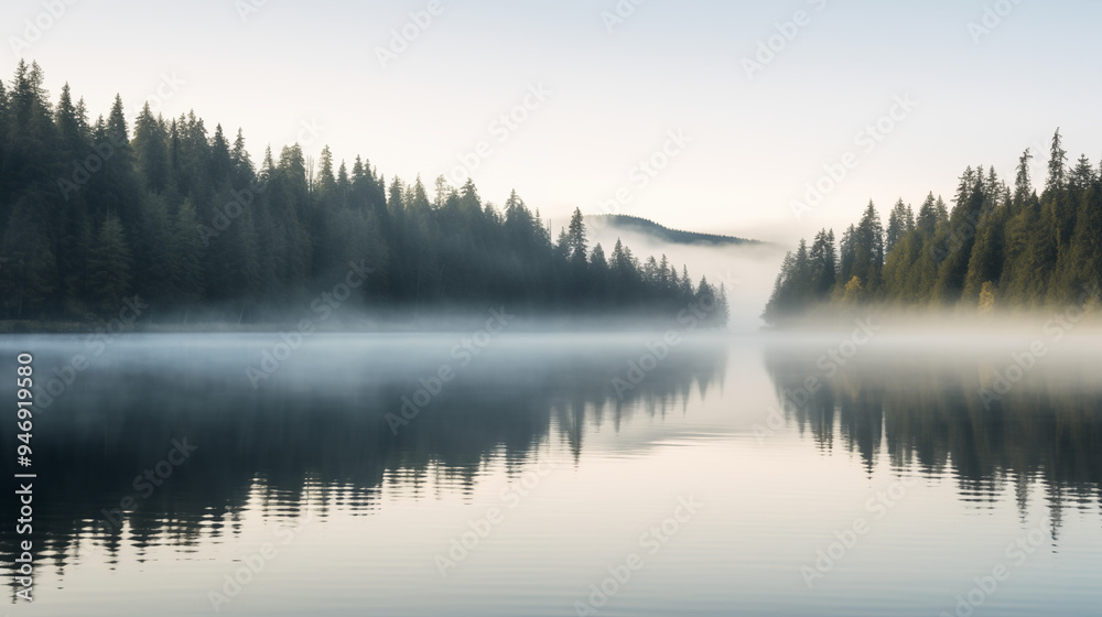 Serene Misty Morning on a Forest-Lined Lake with Calm Reflective Waters Serene Misty Morning on a Forest-Lined Lake with Calm Reflective Waters