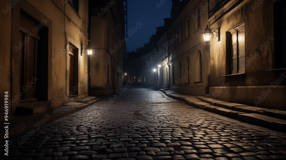 Curved Cobblestone Street Lit by Streetlamps Historic Nighttime Urban