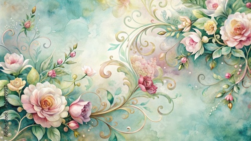 Intricate ornamental designs adorn a soft, dreamy watercolor background, featuring lush florals, curved filigree, and delicate swirls in a harmonious blend of vintage elegance.