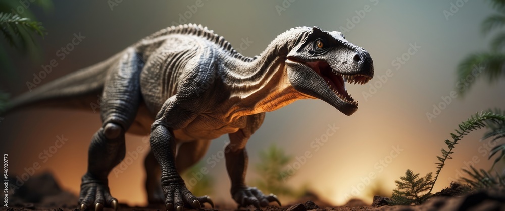 Obraz premium A Tyrannosaurus Rex Dinosaur Roaring in a Lush Prehistoric Setting