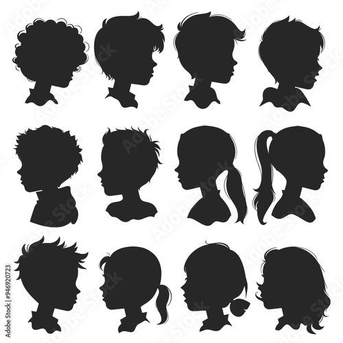 Silhouettes of diverse children's profiles in side view.
