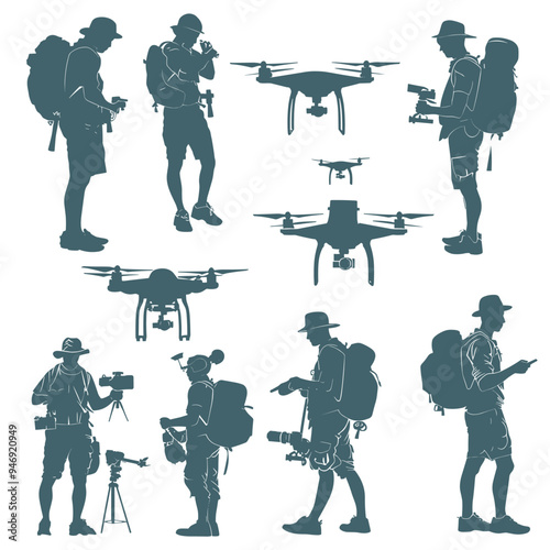 Silhouettes of male explorers with backpacks and drones in various activities.