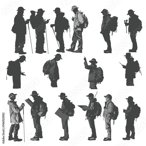 Silhouettes of hikers with backpacks and trekking poles in various poses against a white background.