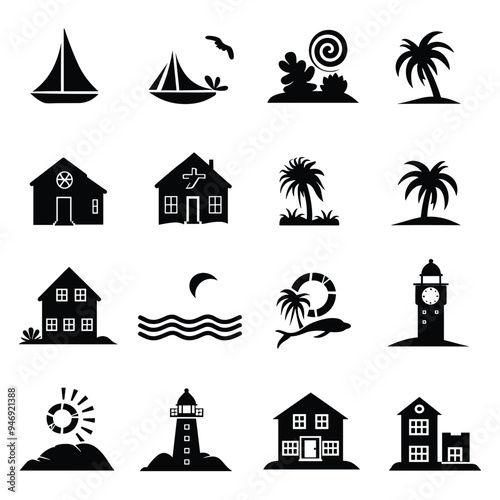 Set of black and white travel and holiday icons including palm trees, houses, boats, and lighthouses.