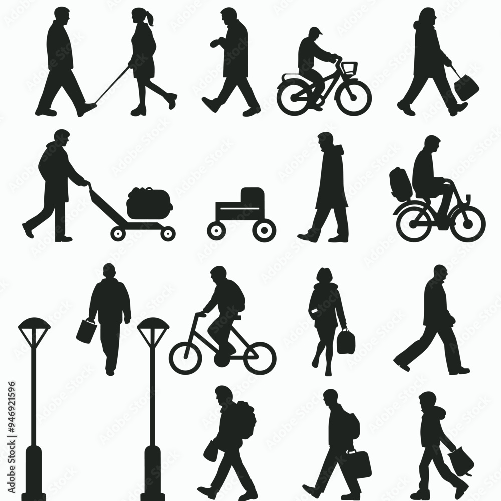 Obraz premium Silhouettes of diverse people and activities, including walking, biking, and carrying bags.