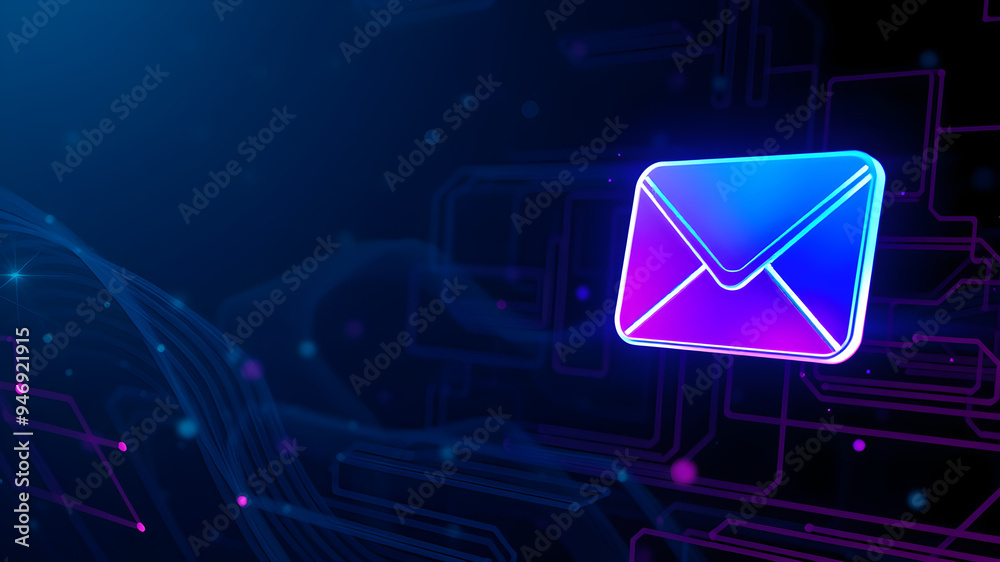 The floating holographic envelope or email icon is on the right side high tech background with space for text. The floating holographic envelope or email icon is on the right side high tech background with space for text.