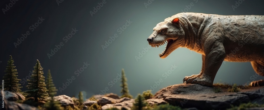 A Ferocious Prehistoric Mammal Roaring on a Rocky Terrain A Ferocious Prehistoric Mammal Roaring on a Rocky Terrain