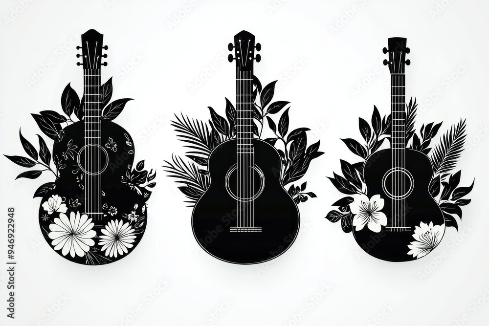 Three Silhouette Guitars with Tropical Flowers Three Silhouette Guitars with Tropical Flowers
