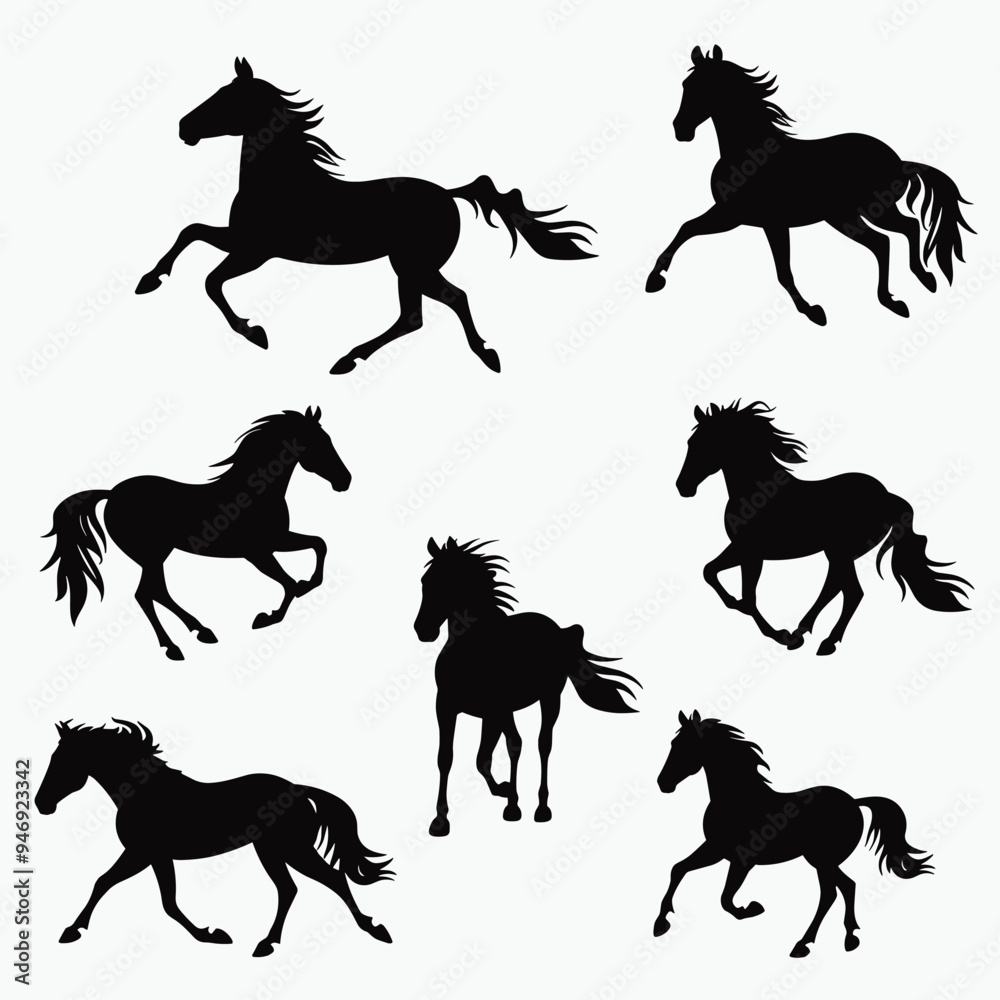 Silhouettes of six running horses on a white background, showcasing various postures. Silhouettes of six running horses on a white background, showcasing various postures.