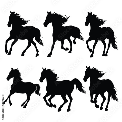 Silhouettes of horses in various dynamic poses on a plain white background.