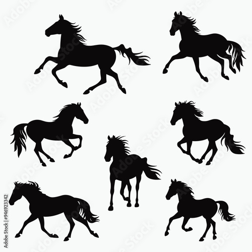 Silhouettes of six running horses on a white background, showcasing various postures.