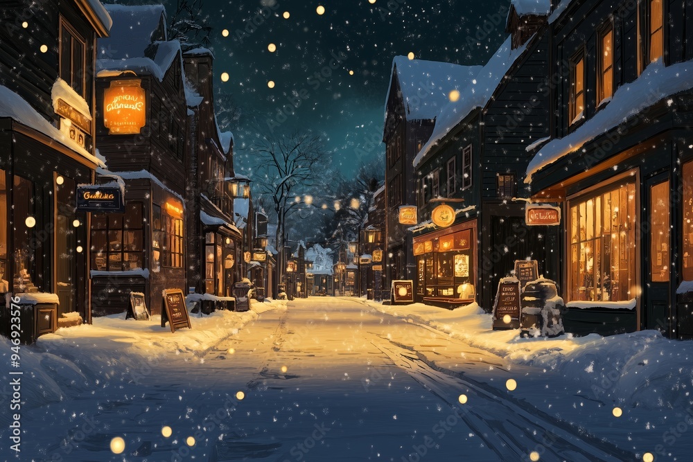 A picturesque winter street adorned with soft snow and twinkling lights during the evening in a quaint village A picturesque winter street adorned with soft snow and twinkling lights during the evening in a quaint village