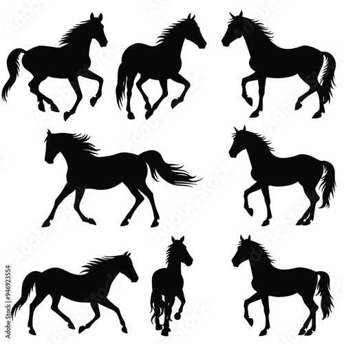 Silhouettes of galloping horses in various poses on a white background.