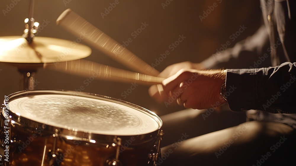 Fototapeta premium A close-up of a drum kit being tuned, showing a drum technician adjusting the tension of drumheads with tuning keys and tools on a workbench