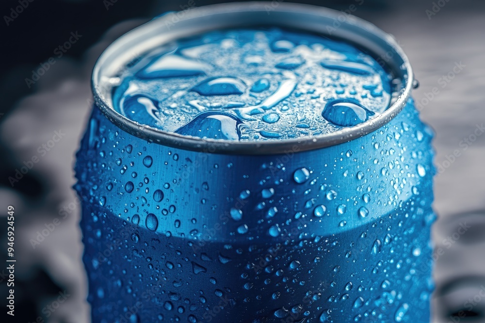 A blue aluminum can covered in condensation. A close-up photo showing a cool refreshing drink ready to quench your thirst. A blue aluminum can covered in condensation. A close-up photo showing a cool refreshing drink ready to quench your thirst.