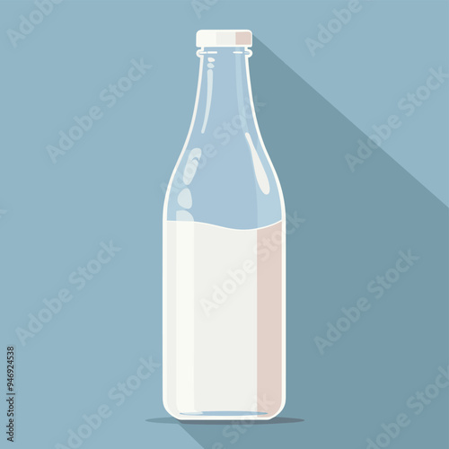 Illustration of a glass milk bottle half-full on a simple blue background with a long shadow.