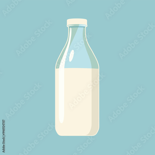 Glass bottle filled with milk against a light blue background.