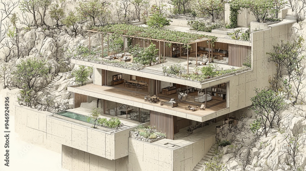 Modern Cliffside Home with Lush Greenery Modern Cliffside Home with Lush Greenery